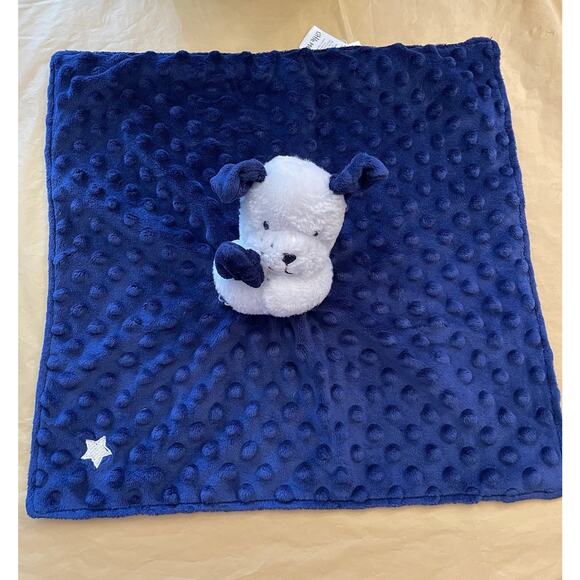 Little Me Navy Blue White Puppy Dog Security Blanket Lovey Satin Back Rattles - Picture 1 of 6